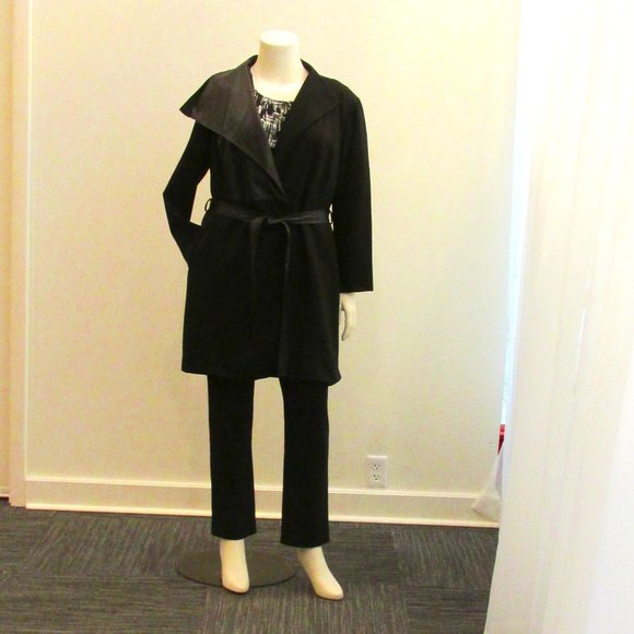 Bellinky Black Suit Jacket with Leather Detail Shawl Collar, & Pants Size 16-18